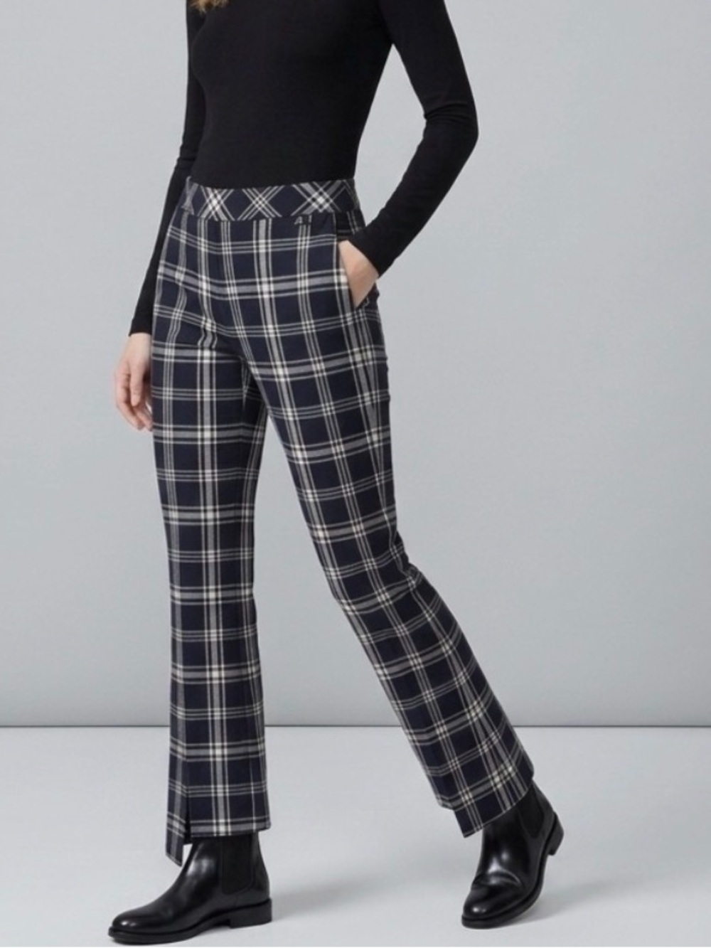 W by Worth Plaid Pants Ankle 0 white black Asymmetric Hem Wide Leg Stretch